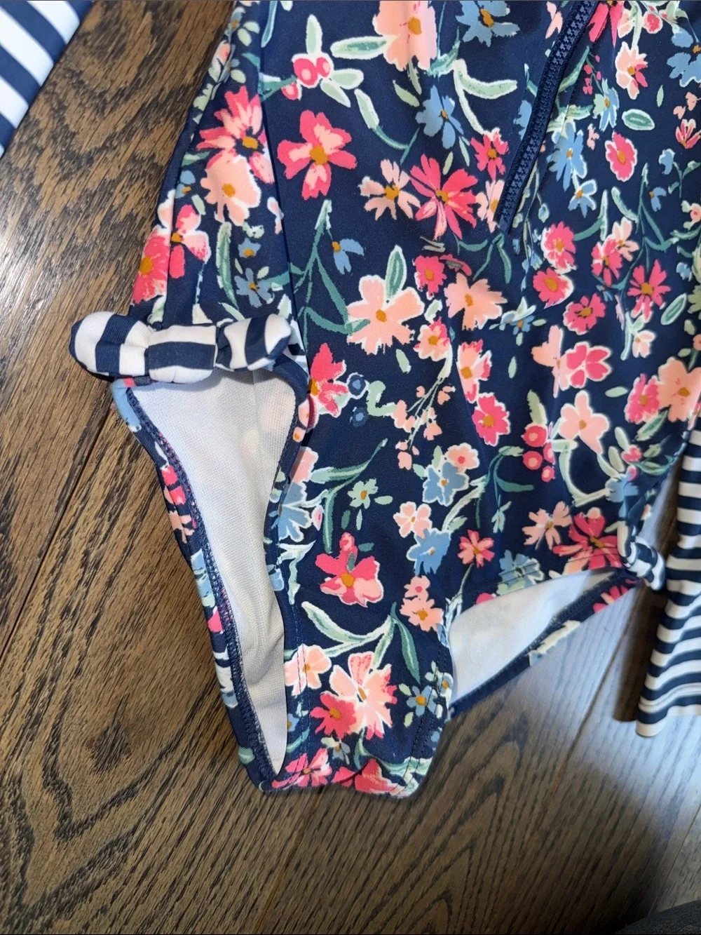OshKosh B'gosh Navy Floral Long-Sleeve One-Piece Swimsuit with Striped Sleeves 2